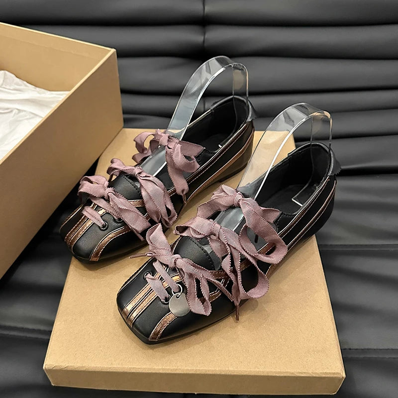 Spring New Color Matching Mary Jane Shoes Small Square Bow Flat Shoes Lazy Slip-on Single Shoes