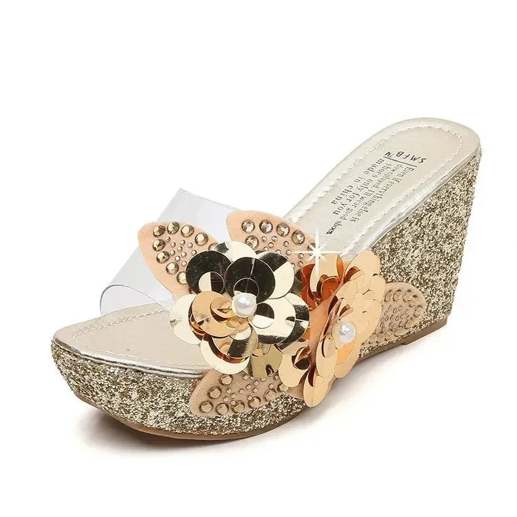 Summer Wedges Sandals Women Sexy Crystal Transparent High Heels PVC Slippers String Bead Platform Fashion Shoes