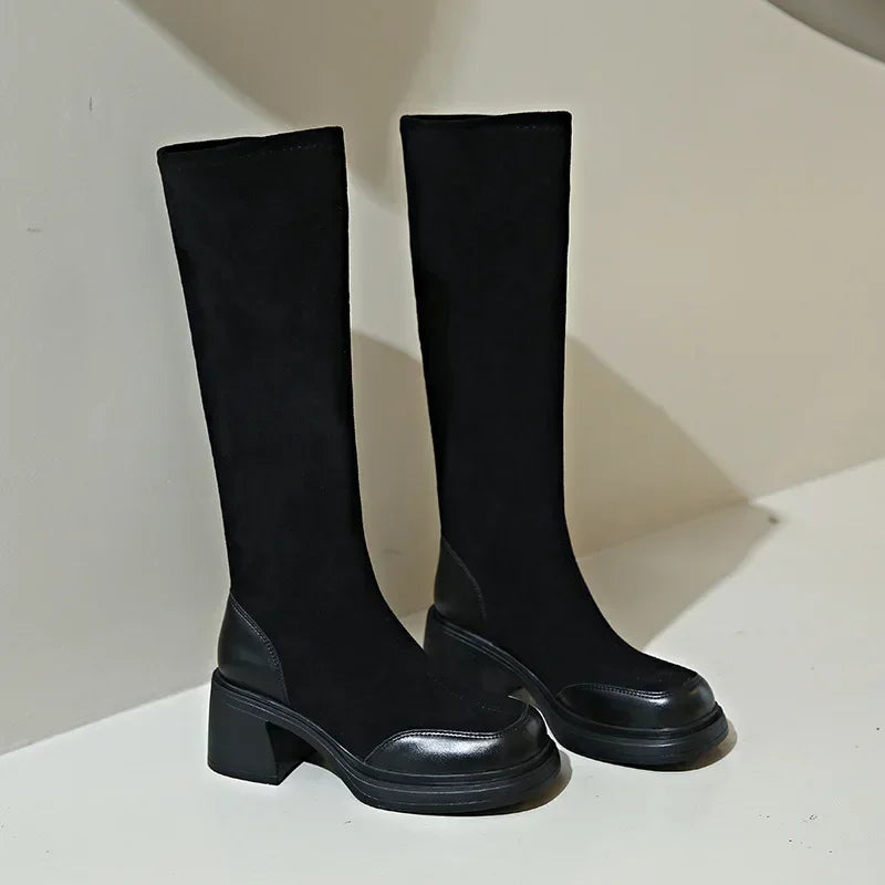 Fashion Knee High Boots Women Chunky Heels Punk Long Boots Patchwork Ladies Shoes Thick Bottom Platform Botas 2024