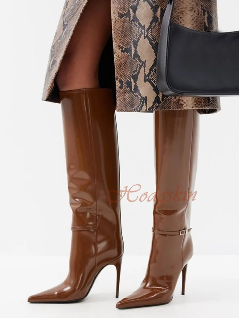 Glänzende Lederstiefel mit Schnallen, spitze Zehenpartie, solide Kniehohe Stiefel, Schlupfhose, Damenschuhe, Stiletto-Absätze, Designer-Party, Winter