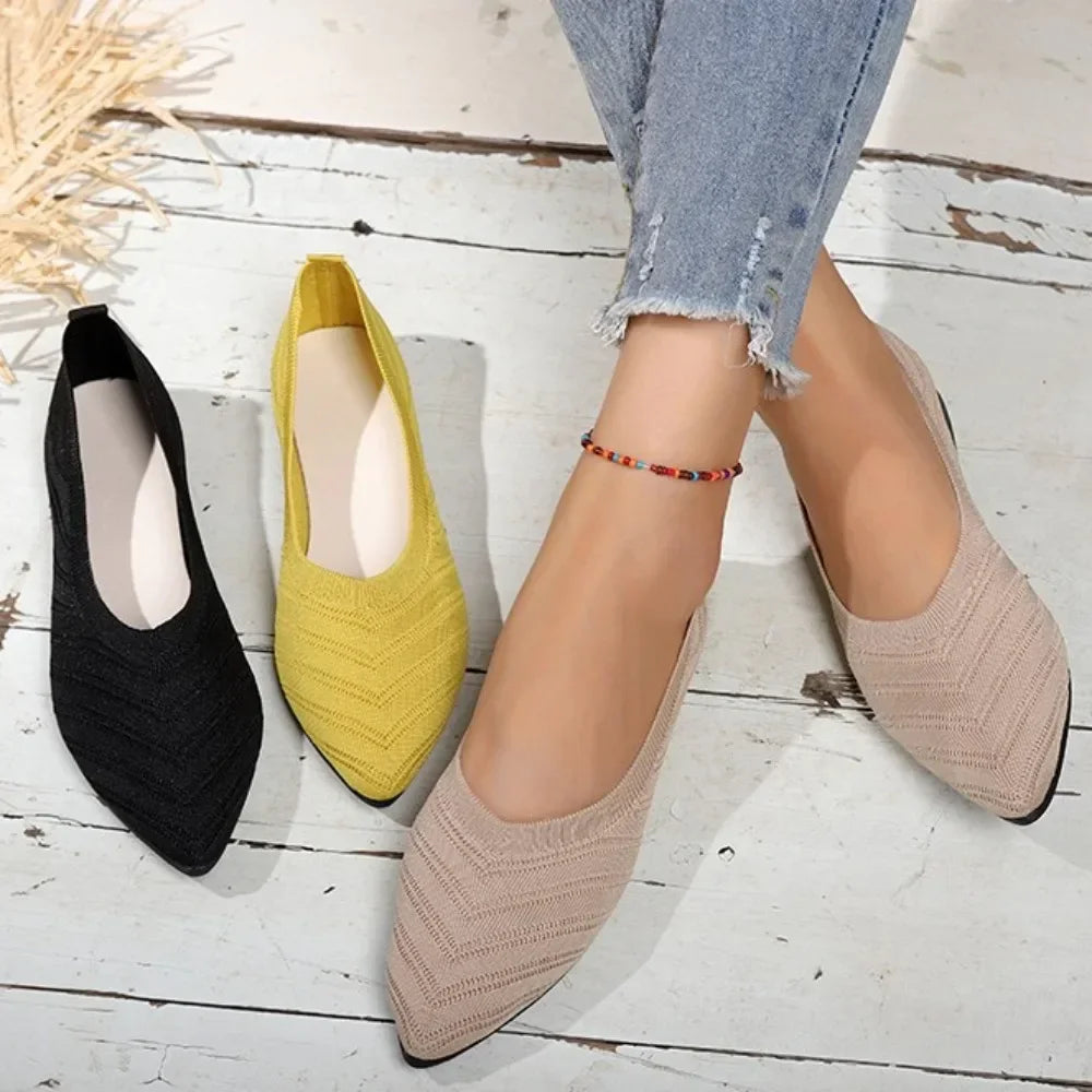 Chaussures plates à bout pointu pour femmes, chaussures tricotées de couleur unie, ballerines décontractées et respirantes, mocassins Mary Jane