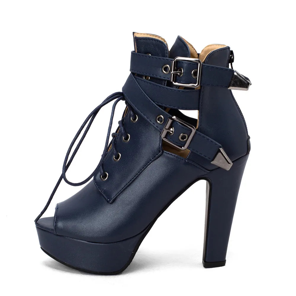 Red Yellow White Women Peep Toe Ankle Boots Platform Lace Up High Heels Female Buckle Autumn Winter Sexy Men Shoes Large Size