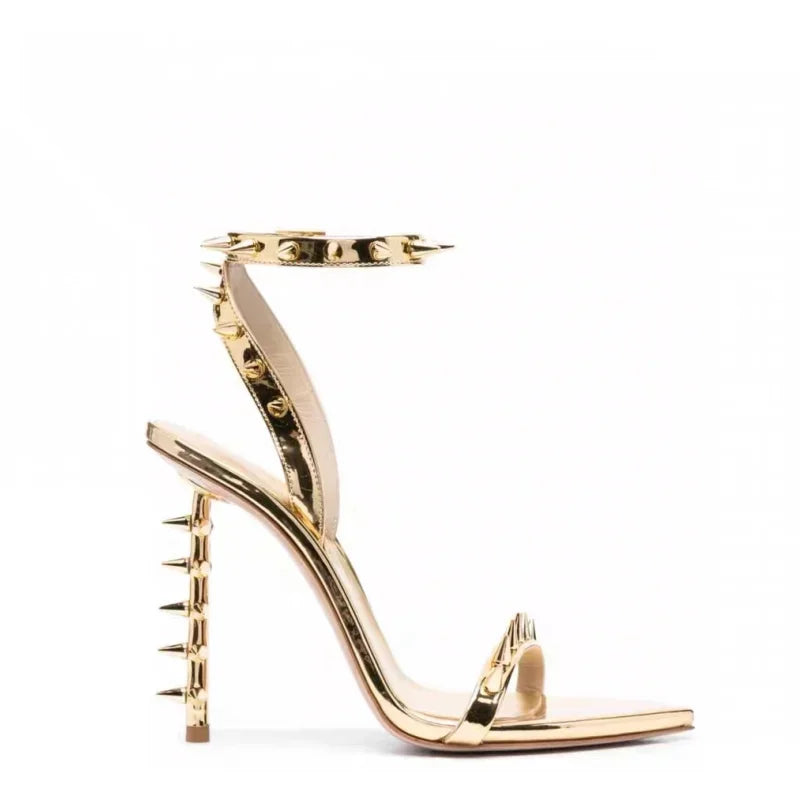 Women's Summer New Thin High Heel Riveted Sandals Fashion Sexy Banquet Party Women's Open Teeth Large Sandals Black Gold