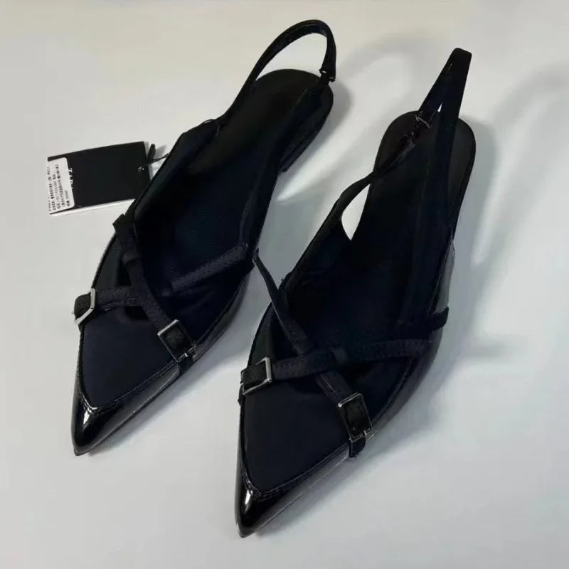 2025 Summer New Black Women's Sandals Buckle Cross Pointed Elegant Traf Designer Slingbacks Ladies Flat Shoes Big Size Footwear