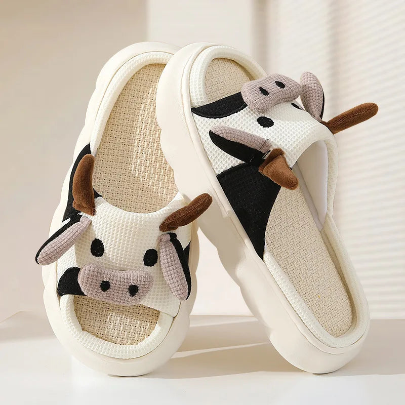 Four Seasons Universal Indoor Home Women Slippers Soft Cotton Linen Sandals Cute Cartoon Cow Linen Slippers Non-slip flip-flops