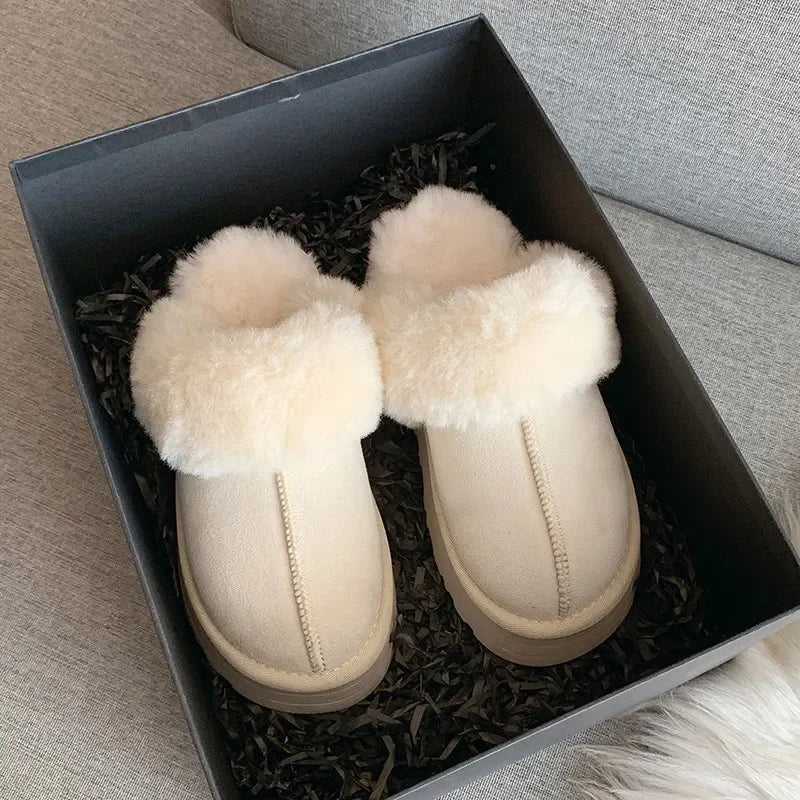 Pantoufles en fourrure pour femmes, sandales d'hiver en peluche, de luxe, à plateforme, à semelle épaisse, en coton, chaussures de maison