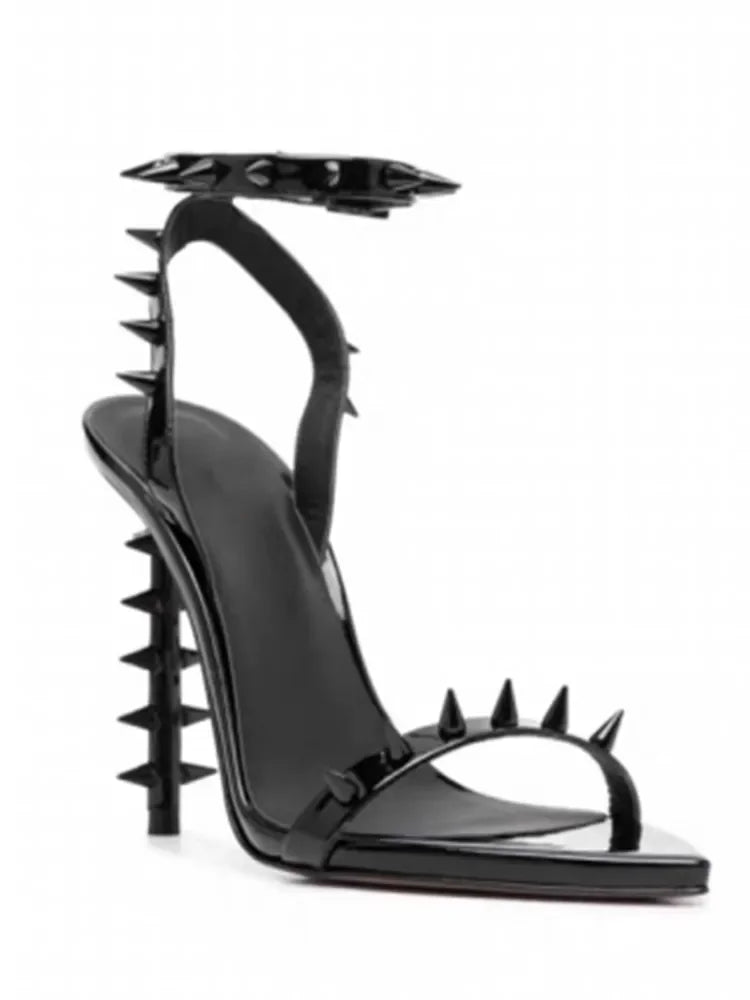 Women's Summer New Thin High Heel Riveted Sandals Fashion Sexy Banquet Party Women's Open Teeth Large Sandals Black Gold