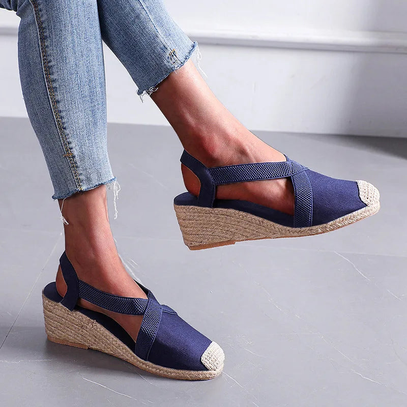 Sommer Damen Sandalen 2024 Stroh geflochten Keilabsatz Espadrille Sandalen Große Größe Damenschuhe Damen Gladiator Slingback Schuhe