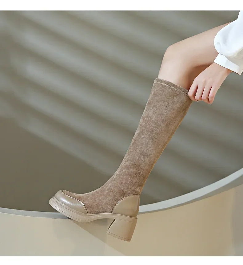 Fashion Knee High Boots Women Chunky Heels Punk Long Boots Patchwork Ladies Shoes Thick Bottom Platform Botas 2024
