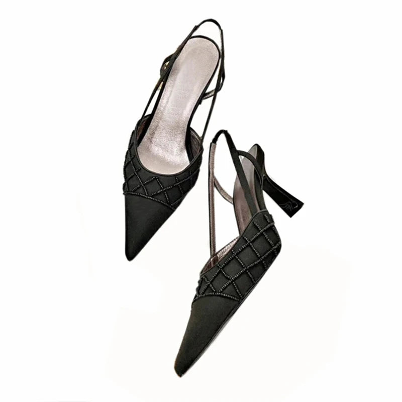 Socialite-style Beaded Quilted Pointed Toe French High Heels Summer New Silk Stiletto Heel Back Strap Sandals