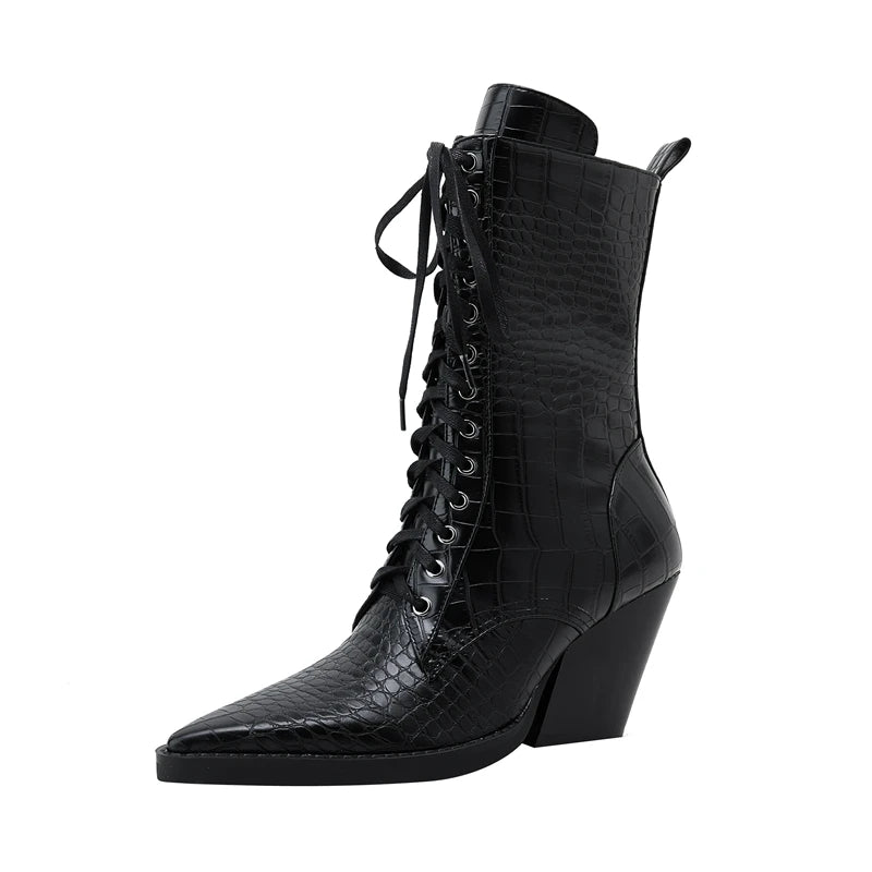 Kaky's New Pointy Lace up High Heel Large Women's Boots Short Boots Western Boots
