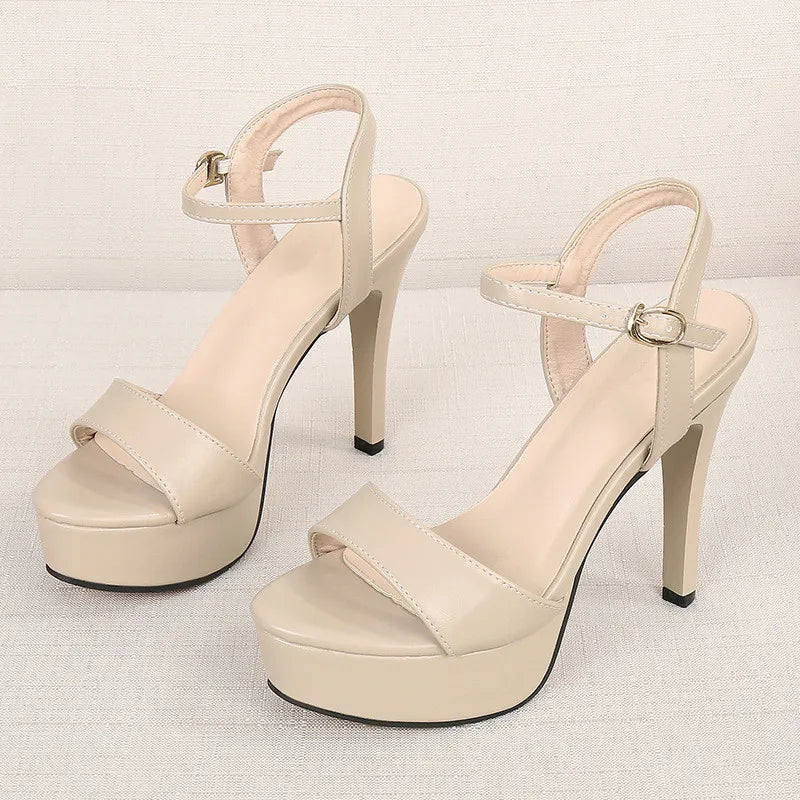 2025 New Concise Platform Women Sandals Soft Leather Sexy High Heels Open Toe Summer Party Shoes Buckle Female Dress Pumps 34-40