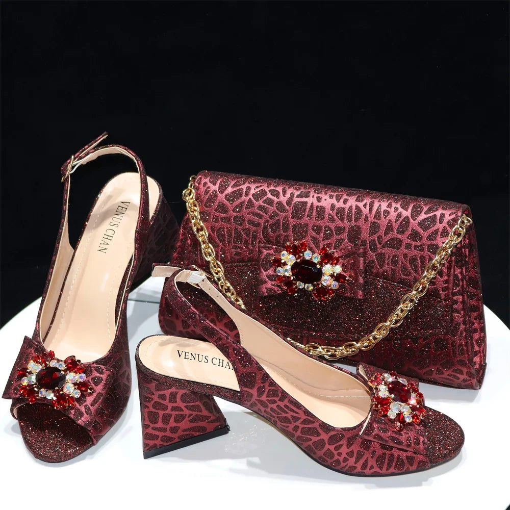 Doershow High Quality African Style Ladies Shoes And Bags Set Latest wine Italian Shoes And Bag Set For Party HRE1-5