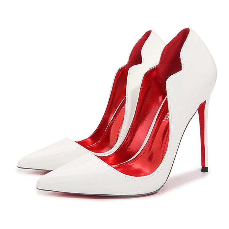 Newly Women Sexy Elegant Pumps Stilettos Glossy Patent Side V Cut High Heels Pointed Toe Party Curl Cut Celebrity Shoes Size46