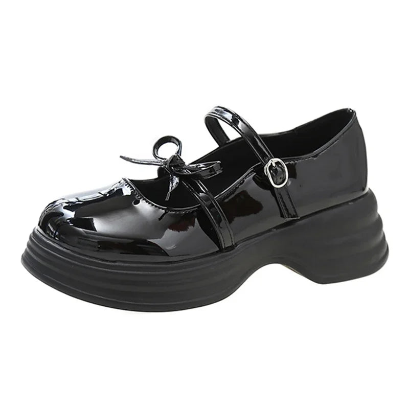 Black Chunky Platform Mary Jane Shoes for Women 2025 Spring Patent Leather Pumps Woman Thick Bottom Bowknot Lolita Shoes Ladies