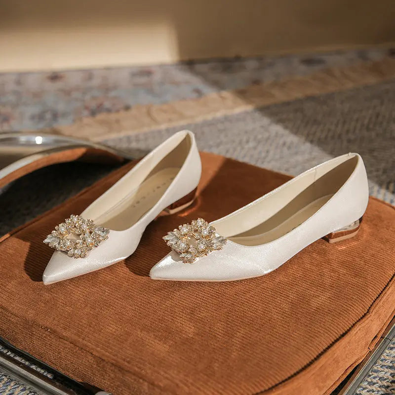 Flat Shoes Bridal Shoes Square Buckle Rhinestone Low Heeled Single Shoes high heels