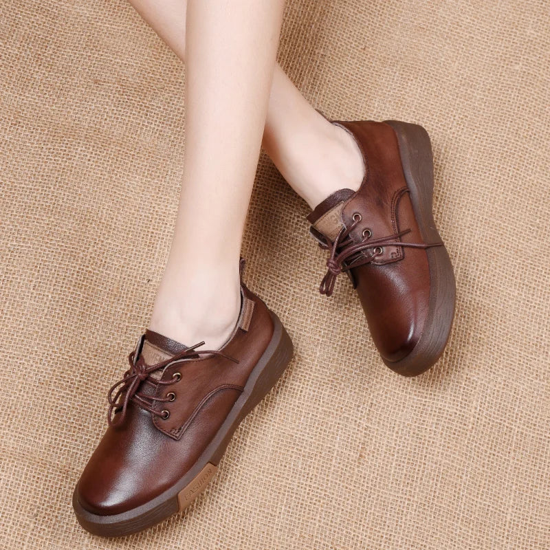 GKTINOO Sneakers Women Genuine Cow Leather Round Toe Lace-Up Ladies Retro Casual Flat Shoes Handmade Loafers