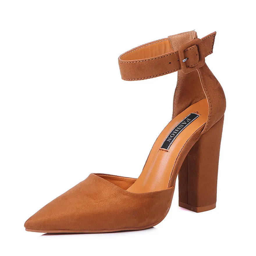 Ankle Belt Buckle Sexy Women Sandals Thick Heel Summer Shoes Pink Black Flock Pointed Toe Female High Heels Party Wedding Pumps