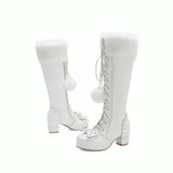 Lolita High Boots Winter Warm Fur Neck Girls Cosplay Party JK Princess Shoes Lace Up Bowtie Chunky Heel Side Zipper PU Leather