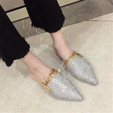 SNURULANSpitze Zehenhalbschuhe Damen Sommermode Neue Mode Strass Faule Flats Sandalen Lässige Pantoletten Metallkette Slide