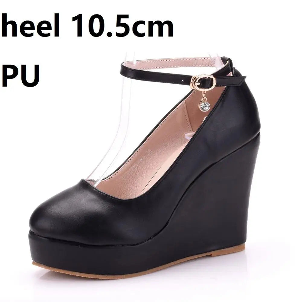 Crystal Queen High Heels Platform Wedge Female Pumps Women's Flock Buckle Bowtie Ankle Strap Wedding Shoes Round Toe White