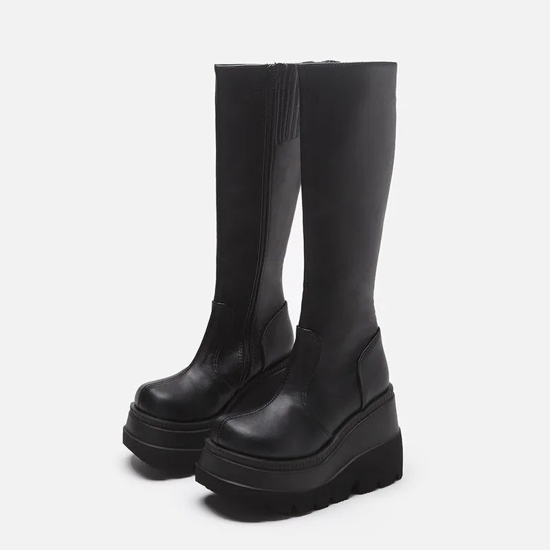 Classic Ladies Fashion Platform Boots Chunky Heel Wedges Mid Calf Women Boots Casual Brand Thick Bottom Winter Shoes Woman
