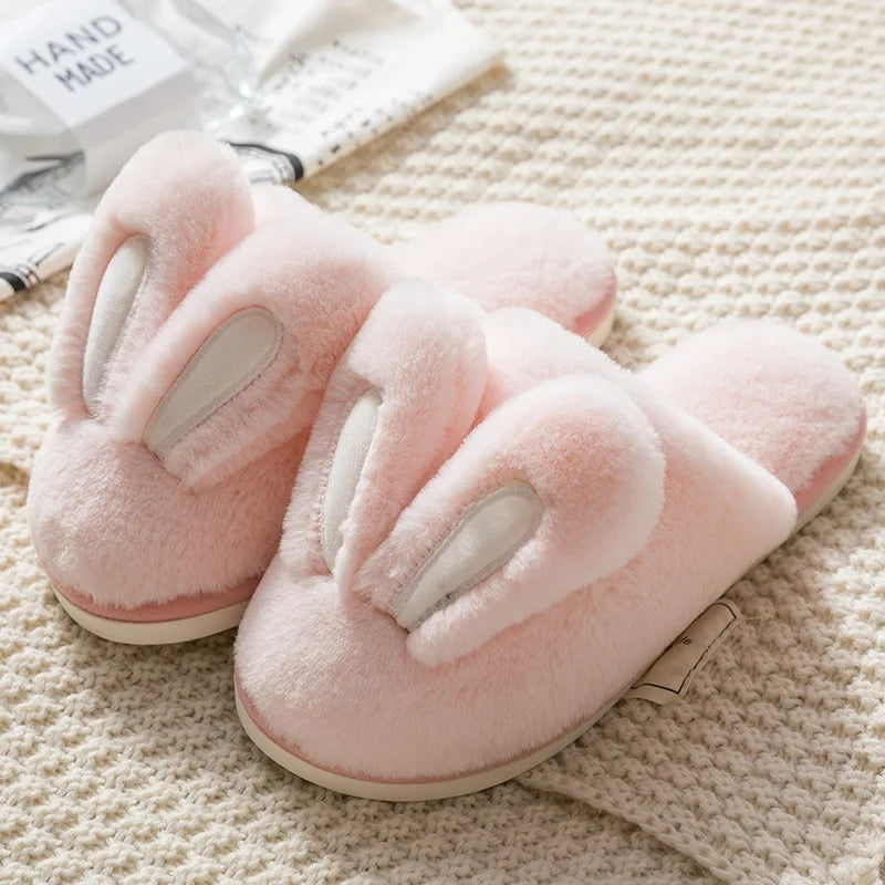 comemore 2021 New Women's Cotton Slippers Female Cute Cartoon Bunny Rabbit Ears Couple Plush Male Winter Home House Shoes Pink
