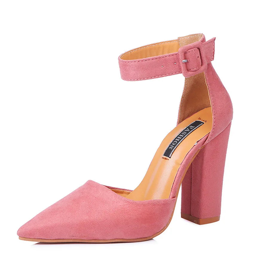 Ankle Belt Buckle Sexy Women Sandals Thick Heel Summer Shoes Pink Black Flock Pointed Toe Female High Heels Party Wedding Pumps