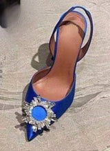 New Fashionable Half Slippers Women&#39;s Sandals Fashionable Sparkling Rhinestones Satin Wine Glass Heel Shoes Closed-Toe Slippers