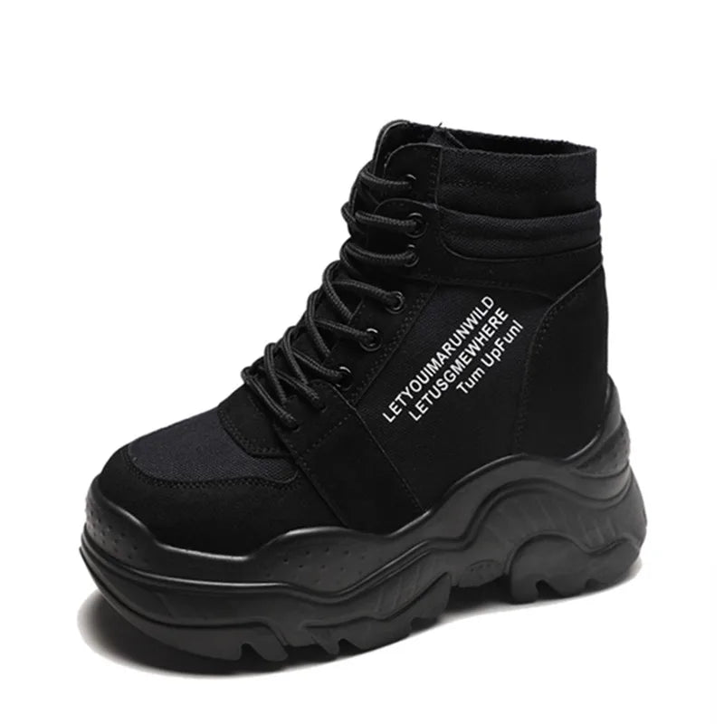 2022 New Autumn Boots Women High Platform Sneakers 12CM Height Increasing Ankle Boots Thick Sole Breathable Canvas Shoes Woman