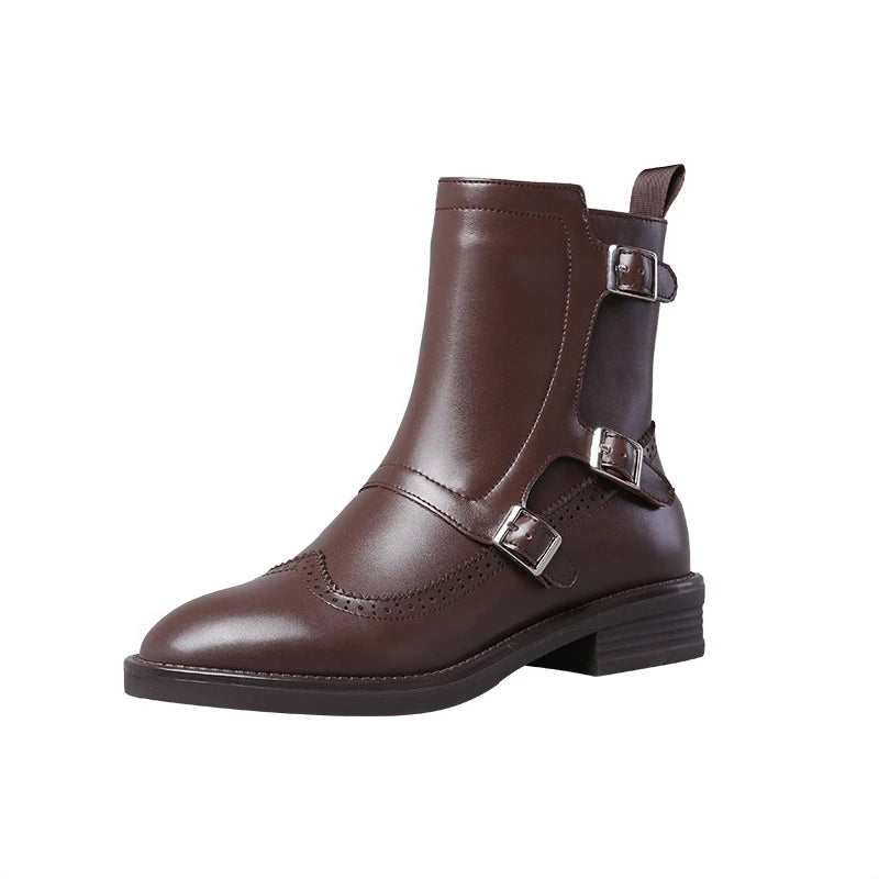 2020 Autumn New Woman Buckle Chelsea Boots Handmade Genuine Leather Round Toe Shoes Quality Buckle Square Low Heel Lady Boots