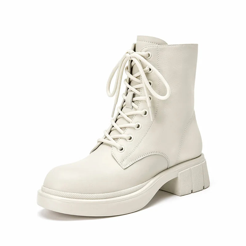 BeauToday Ankle Boots Women Platform Leather Round Toe Side Zipper Lace-Up Ladies Non-slip Thoes Handmade 04492