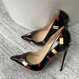 Heelgoo Newly Lipsticker Print Women Glossy Pointy Toe High Heel Black Party Shoes Slip On Stilettos Pumps Plus Size 33-46