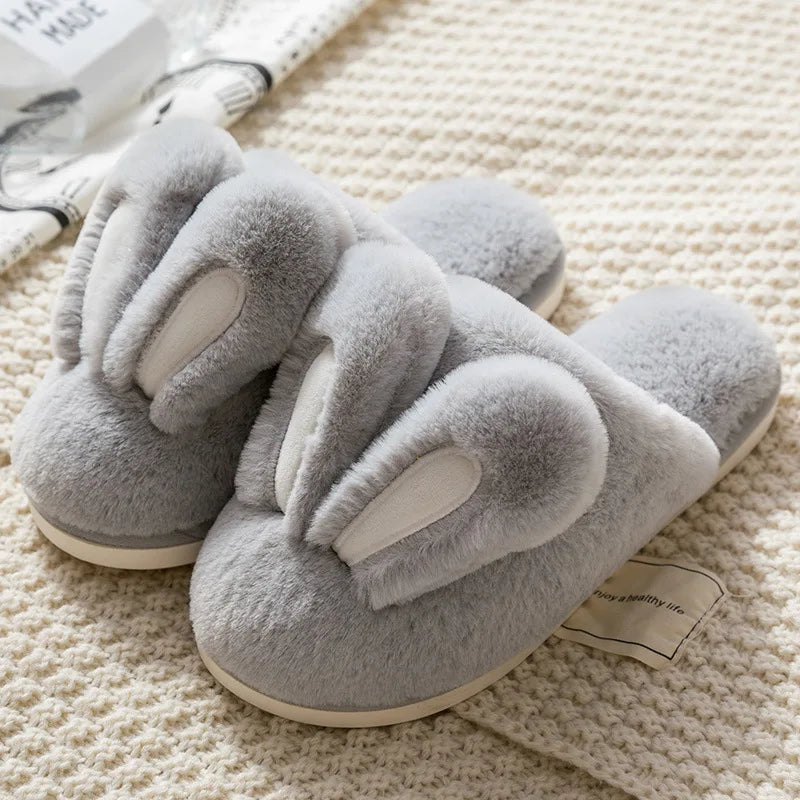 comemore 2021 New Women's Cotton Slippers Female Cute Cartoon Bunny Rabbit Ears Couple Plush Male Winter Home House Shoes Pink