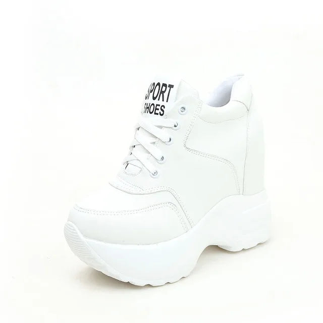 Women's Vulcanize Shoes PU Leather White/Black/Pink Sneakers For Woman Fashion High Heels Chunky Sneakers Female Platform Shoes