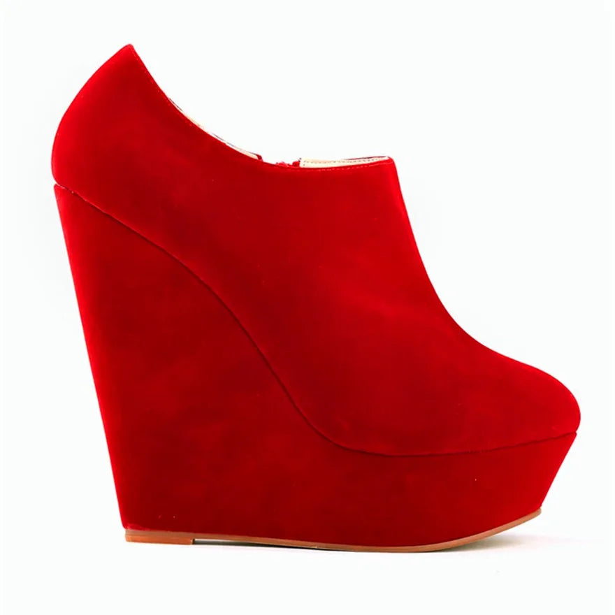 Classic Autumn Short Boots Women Star Style Solid Flock Platform Wedges Boots High Heels 14cm Female Fashion Office Boots Zipper
