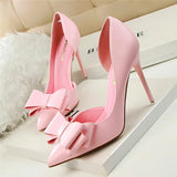 Side Hollow Soft Leather Women Pumps 7 Color Fashion Bowtie Pointed Toe High Heels Ladies Dress Wedding Shoes Woman Work Shallow