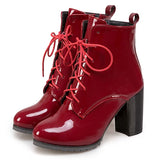 Gdgydh Big Size 48 Patent Leather Boots For Women Lace up High Heels Shoes Spring Autumn Black Footwear Female Ankle Boots Zip