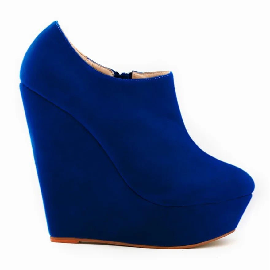 Classic Autumn Short Boots Women Star Style Solid Flock Platform Wedges Boots High Heels 14cm Female Fashion Office Boots Zipper