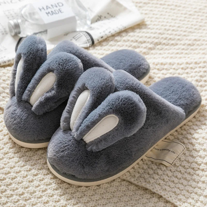 comemore 2021 New Women's Cotton Slippers Female Cute Cartoon Bunny Rabbit Ears Couple Plush Male Winter Home House Shoes Pink