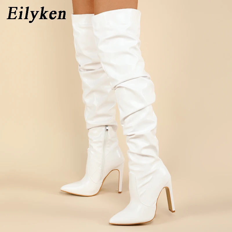 Eilyken Pleated Thigh High Boots Fashion Pointed Toe Zip Female Stiletto Square Heels Design White Black Brown Women's Shoes