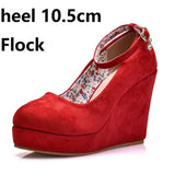 Crystal Queen High Heels Platform Wedge Female Pumps Women's Flock Buckle Bowtie Ankle Strap Wedding Shoes Round Toe White
