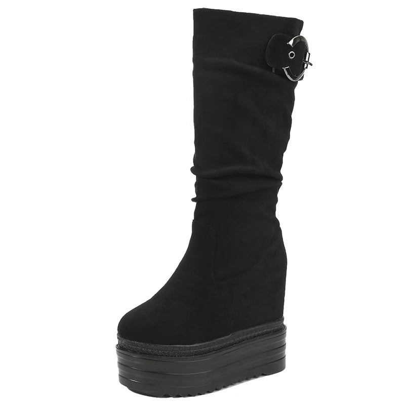 Gdgydh Thick Sole Height Increased Tube Boots Women Fashion Buckle Strap European and American Platform Shoes Woman Knee High