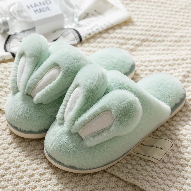 comemore 2021 New Women's Cotton Slippers Female Cute Cartoon Bunny Rabbit Ears Couple Plush Male Winter Home House Shoes Pink