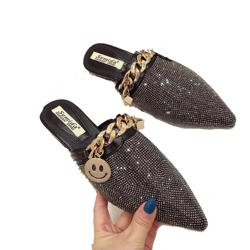 SNURULANSpitze Zehenhalbschuhe Damen Sommermode Neue Mode Strass Faule Flats Sandalen Lässige Pantoletten Metallkette Slide