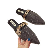 SNURULANSpitze Zehenhalbschuhe Damen Sommermode Neue Mode Strass Faule Flats Sandalen Lässige Pantoletten Metallkette Slide