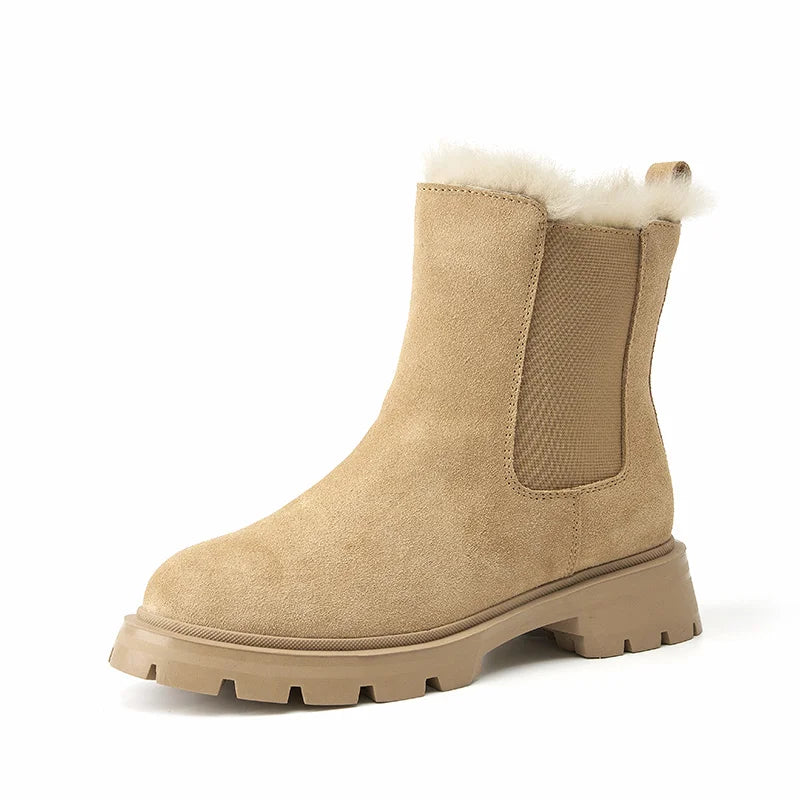 BeauToday Chelsea Boots Women Suede Leather Snow Boots Warm Fur Round Toe Ladies Platform Shoes Handmade 08206