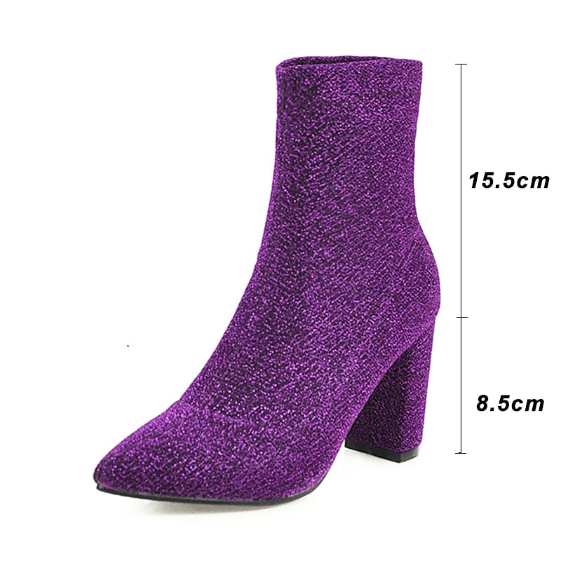Kcenid New Bling Fashion Shoes Women Pointed Toe Snkle Sock Boots High Heels Shoes Autumn Winter Female Stretch Boots Purple