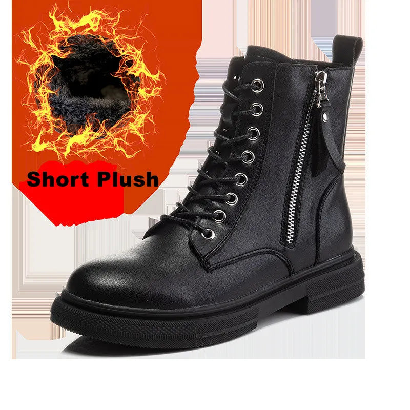 WOIZGIC Women's Ladies Genuine Leather Female Shoes Ankle Boots Platform Lace Up Warm Winter Autumn Fur Plush Motorcycle