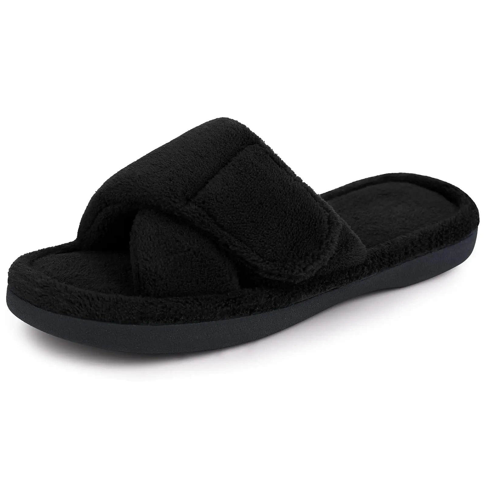 Comwarm Chaussons Fourrés pour Femmes, Souples, Bout Ouvert, Mousse à Mémoire de Forme, Antidérapants, Pantoufles en Peluche, Sandales d'Intérieur Réglables en Tissu Éponge